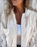Women's Ribbed Corduroy Hip-Length Hoodie Jacket - Beige