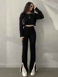 Women's Contrast Trim Rib Knit Crop Top and Trouser Two-Piece - Black
