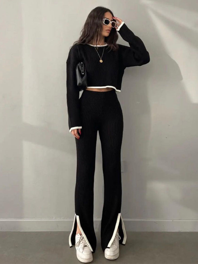 Women's Contrast Trim Rib Knit Crop Top and Trouser Two-Piece - Black