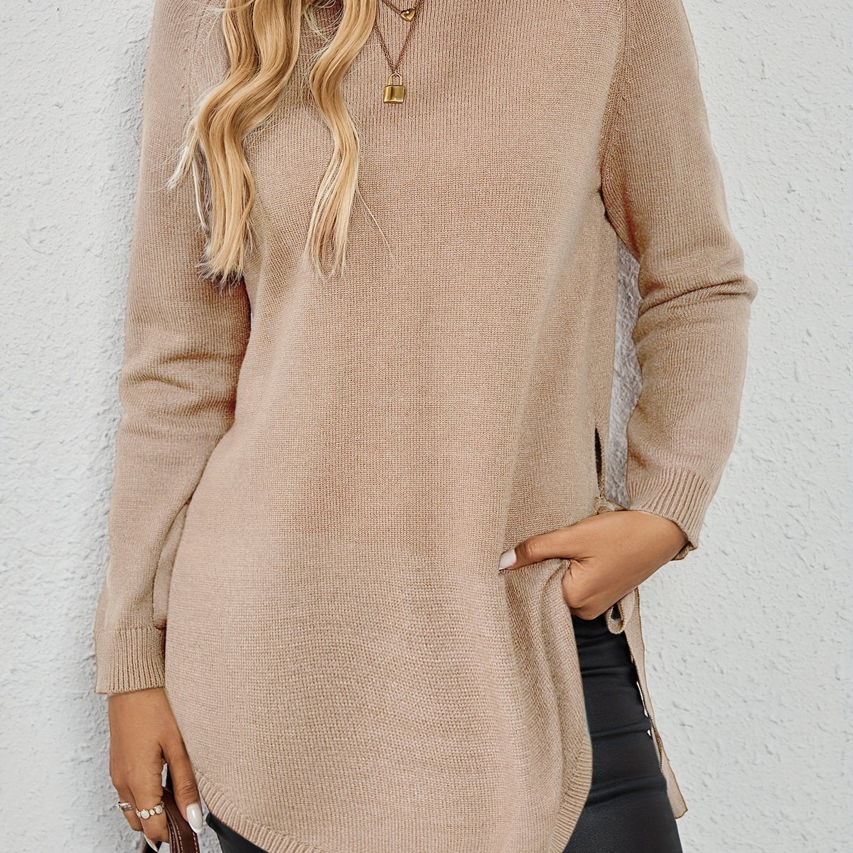 Women's Relaxed Longline Pullover Knit with Side Split Hem - Pink