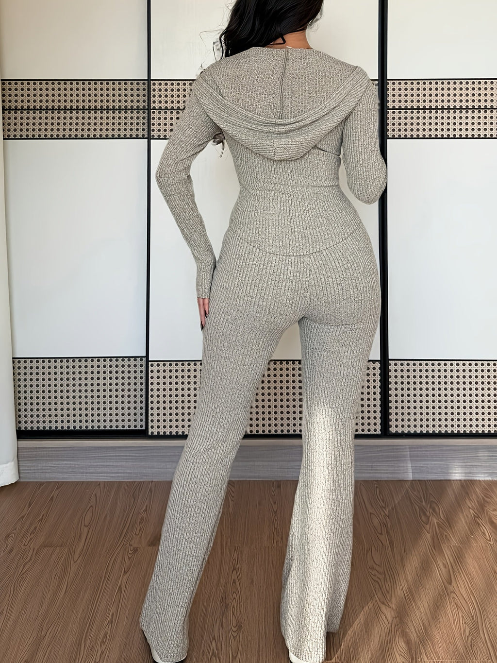 Women's Hooded Rib-Knit Jacket and Flare Trouser Two-Piece