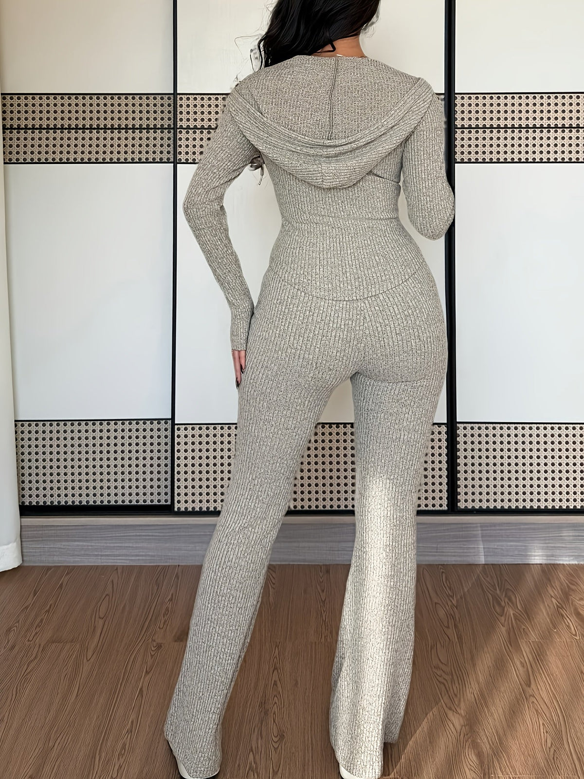 Women's Hooded Rib-Knit Jacket and Flare Trouser Two-Piece