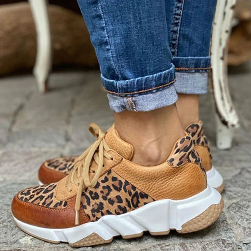 Women's Animal Print Leather and Mesh Platform Trainers
