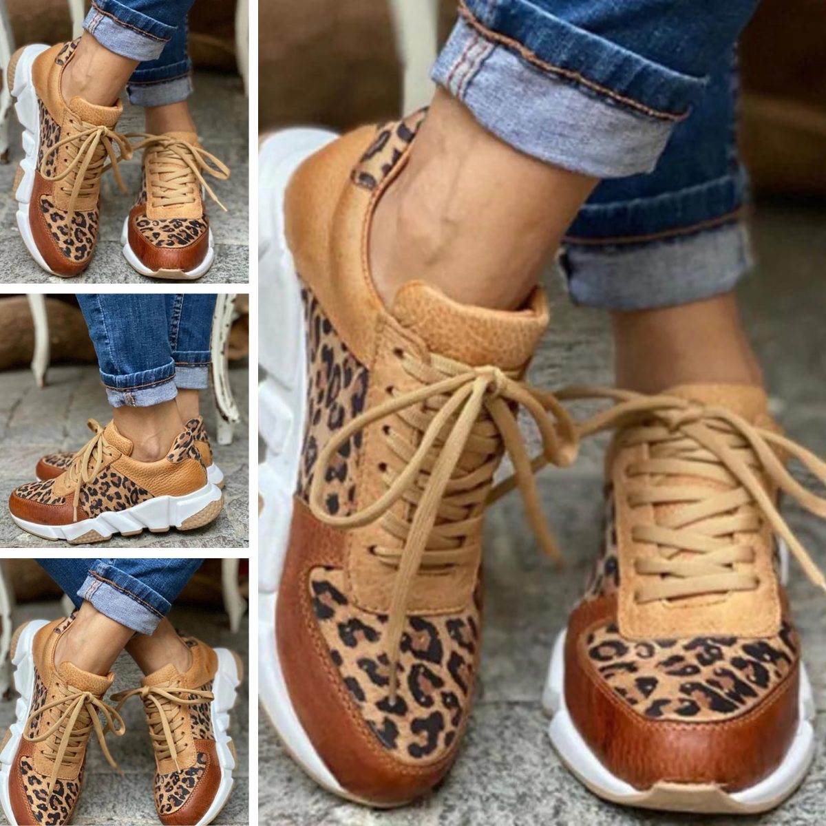 Women's Animal Print Leather and Mesh Platform Trainers