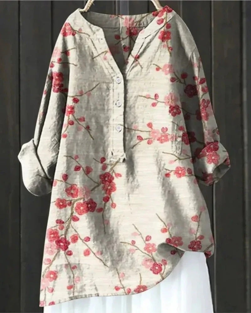 Women's Printed Patchwork Blouse – Relaxed Long-Sleeve Tunic