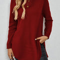 Women's Relaxed Longline Pullover Knit with Side Split Hem - Deep Red