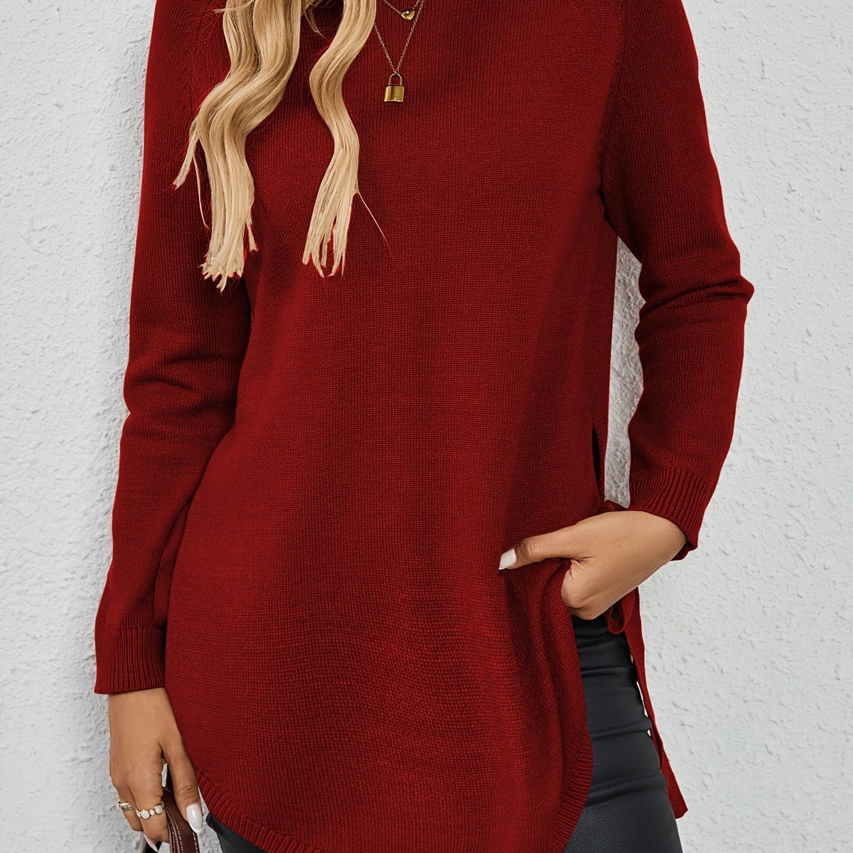 Women's Relaxed Longline Pullover Knit with Side Split Hem - Deep Red