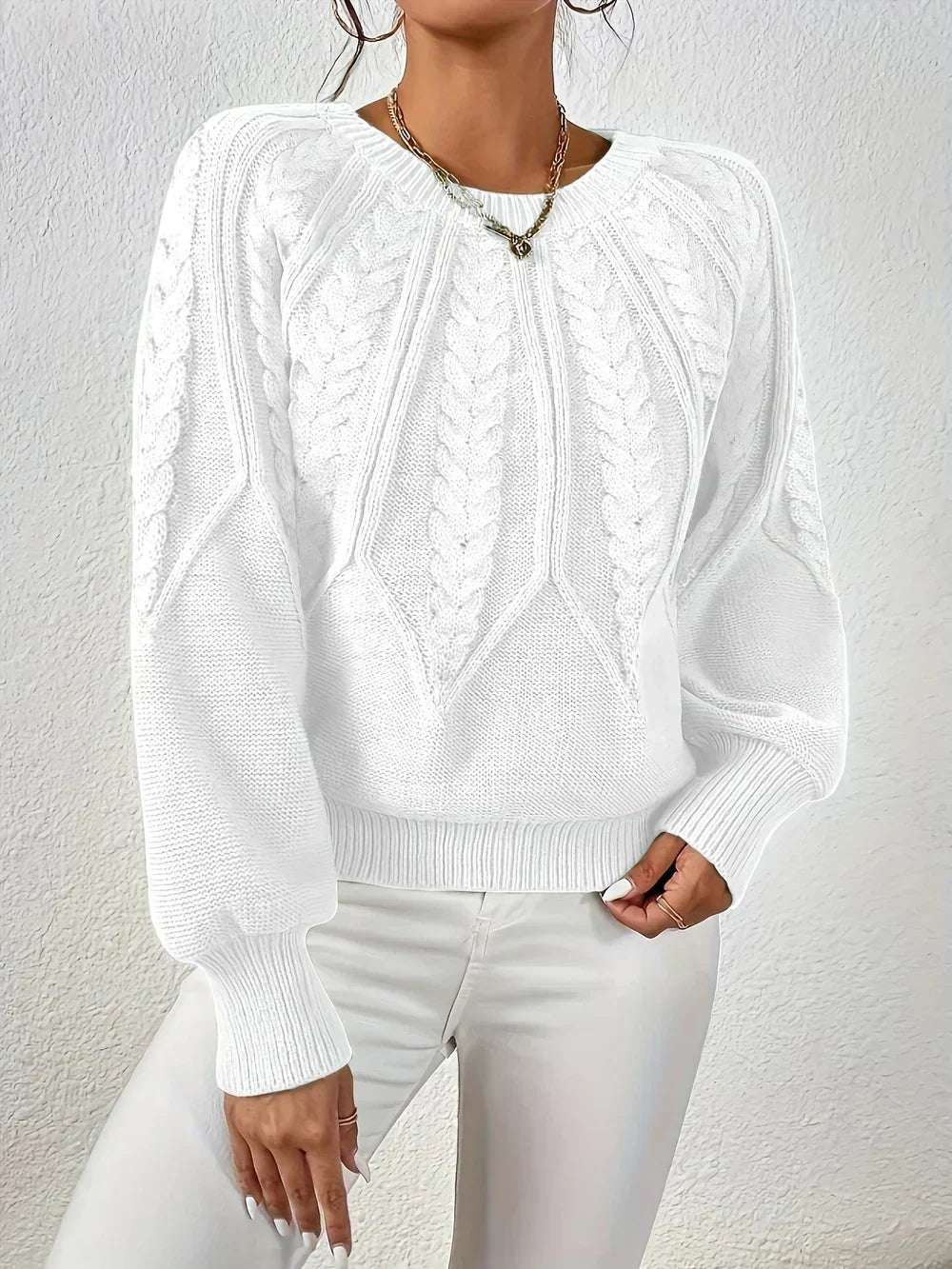 Women's Cable Knit Crew Neck Sweater in Beige