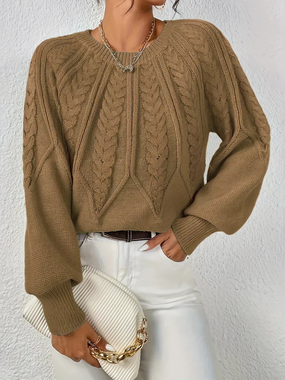 Women's Cable Knit Crew Neck Sweater in Beige