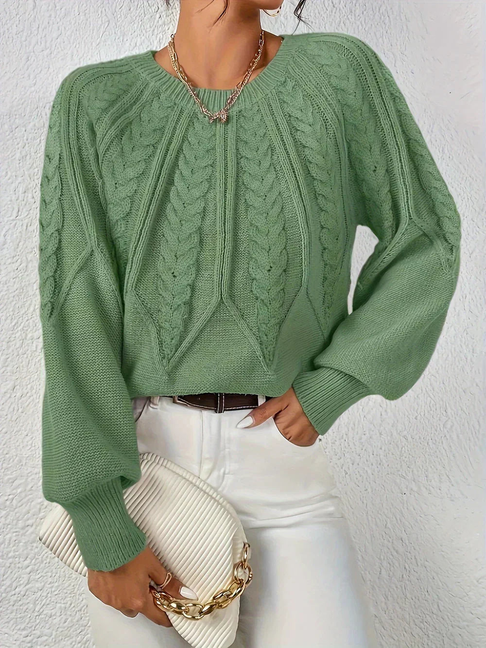 Women's Cable Knit Crew Neck Sweater in Beige
