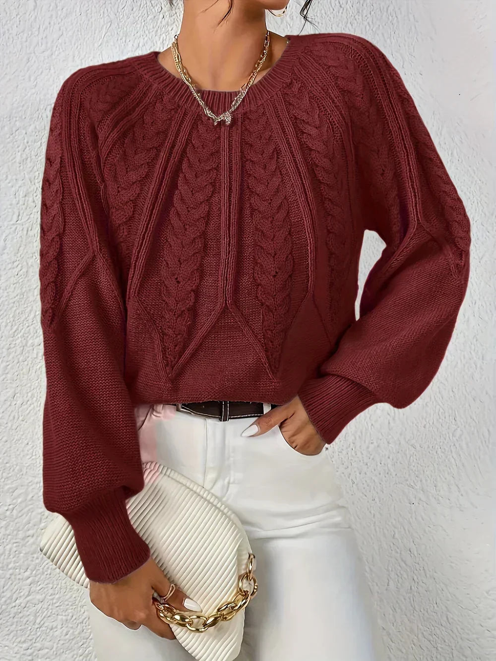 Women's Cable Knit Crew Neck Sweater in Beige