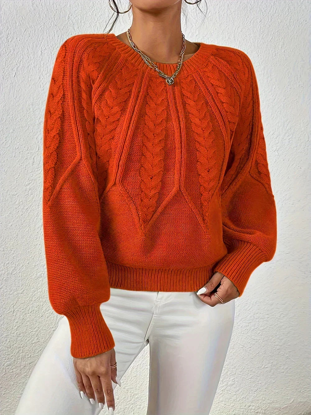 Women's Cable Knit Crew Neck Sweater in Beige