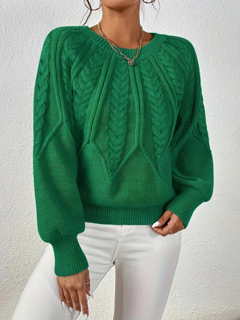 Women's Cable Knit Crew Neck Sweater in Beige