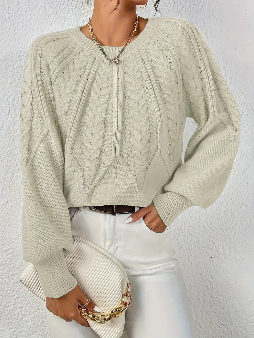 Women's Cable Knit Crew Neck Sweater in Beige