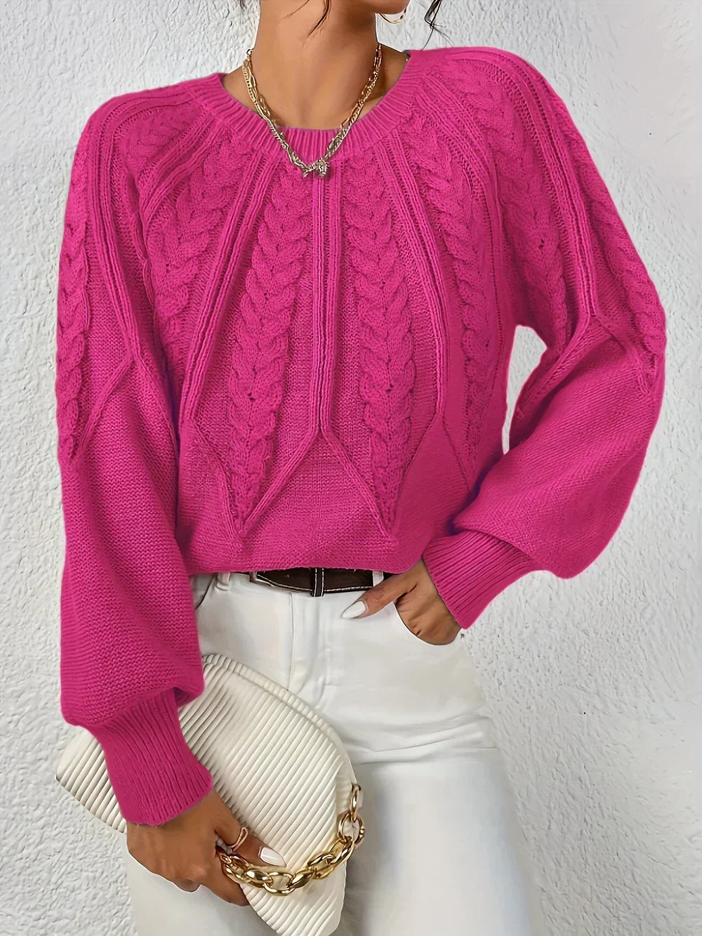 Women's Cable Knit Crew Neck Sweater in Beige