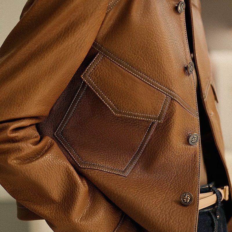 Women's Brown Topstitched Waist-Length Leather Jacket