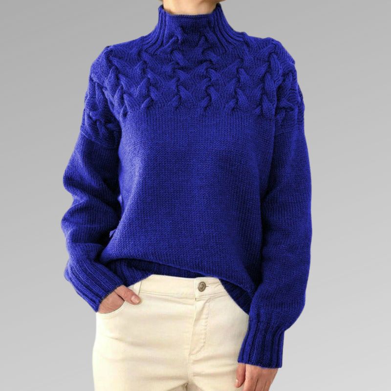 Women's Cable Knit Turtleneck Sweater in Royal Blue