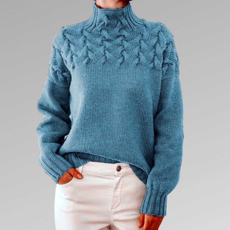 Women's Cable Knit Turtleneck Sweater in Royal Blue