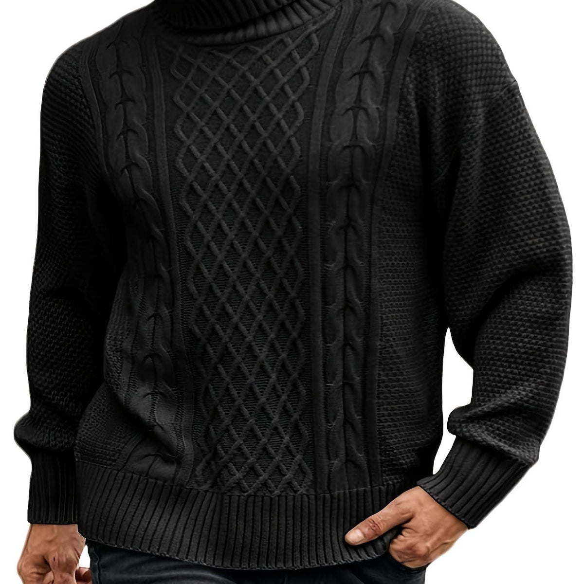 Women's Plus Size Cable Pattern High Neck Knit - Black