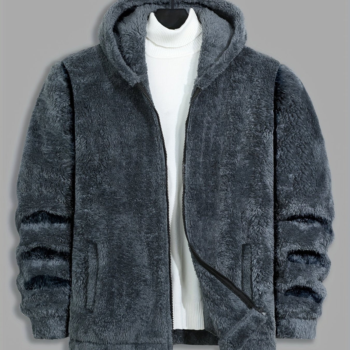 Women's Plush Zip-Through Hooded Jacket - Dark Grey