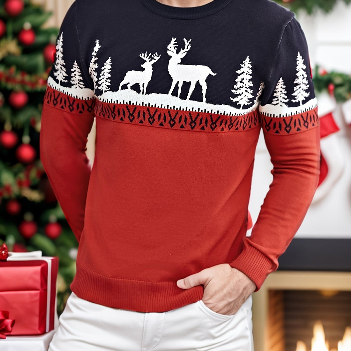 Women's Red Reindeer Motif Christmas Knit Pullover - Red