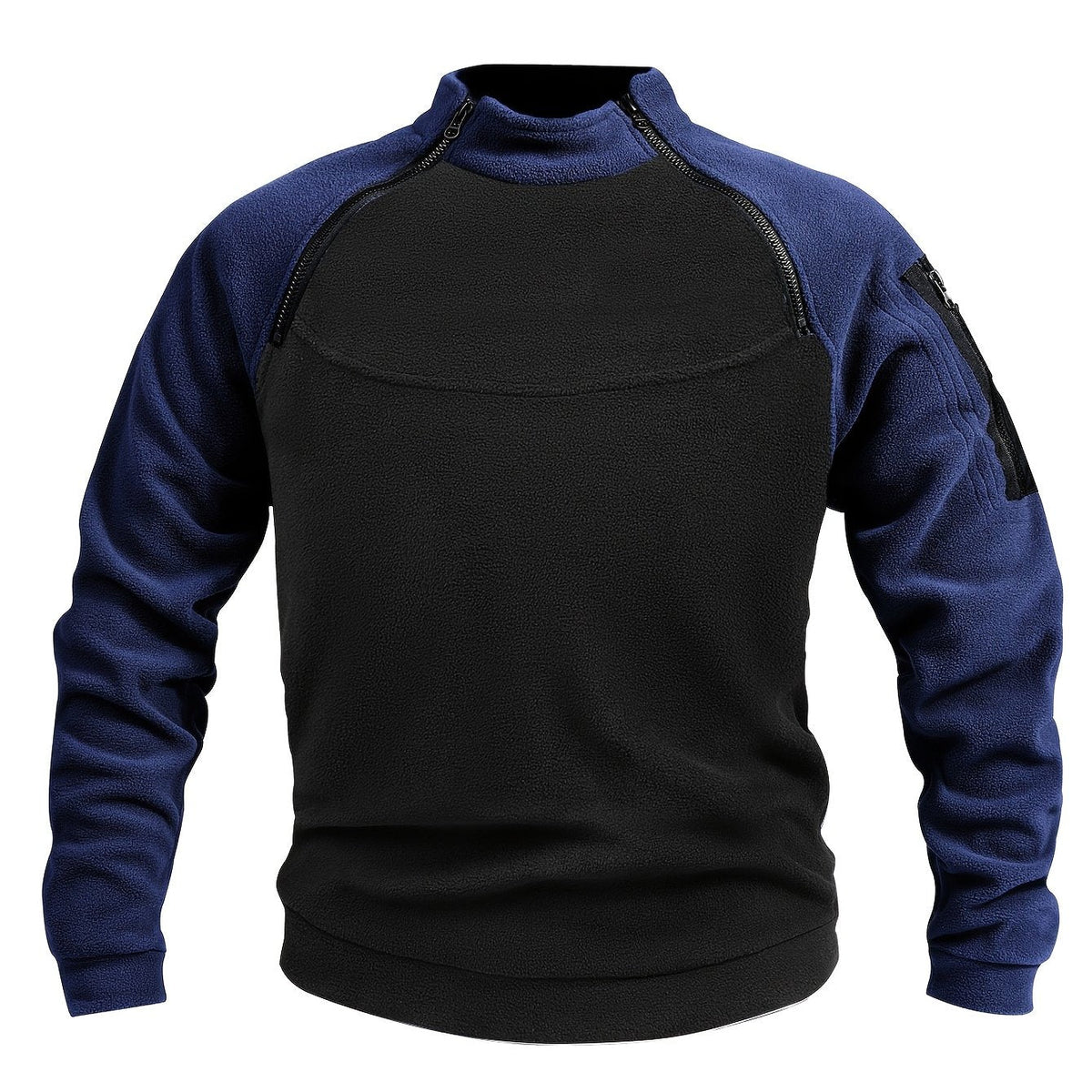 Women's Mock Neck Plush Pullover with Contrast Zip Detail - Black With Blue Insert