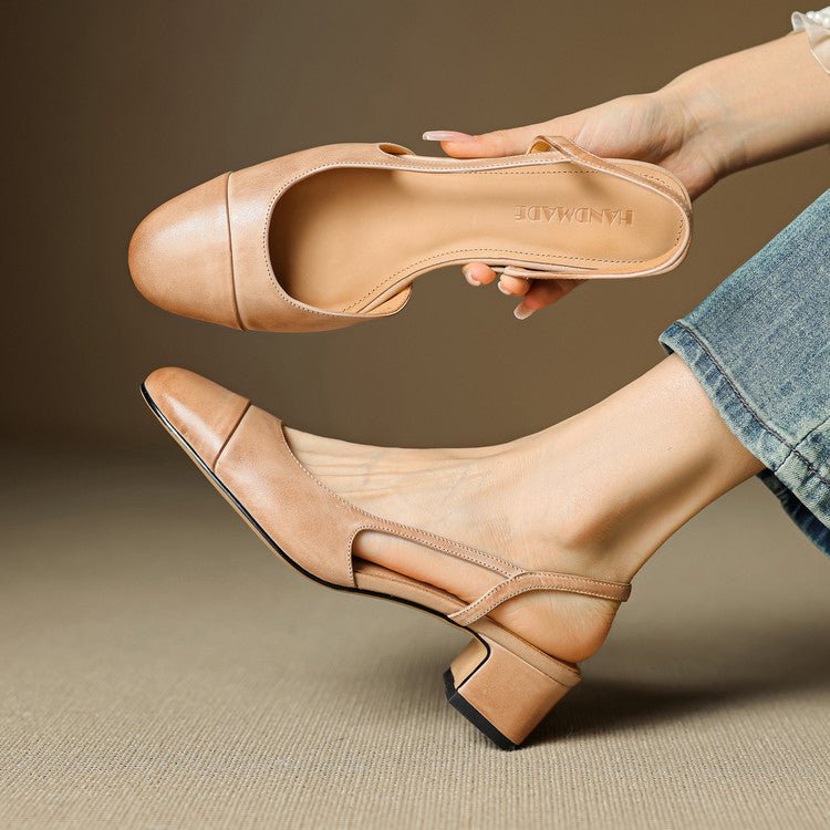 Women's Open-Back Smooth Leather Mid-Heel Court Shoes - Khaki