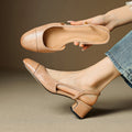 Women's Open-Back Smooth Leather Mid-Heel Court Shoes - Khaki