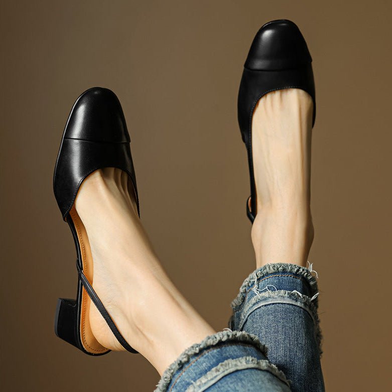 Women's Open-Back Smooth Leather Mid-Heel Court Shoes