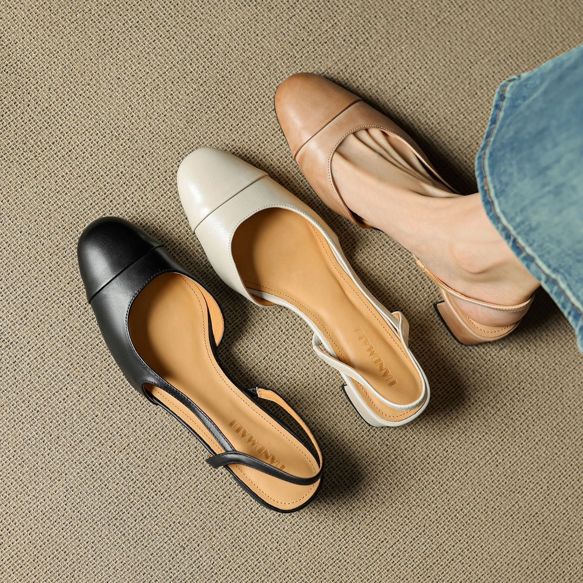 Women's Open-Back Smooth Leather Mid-Heel Court Shoes