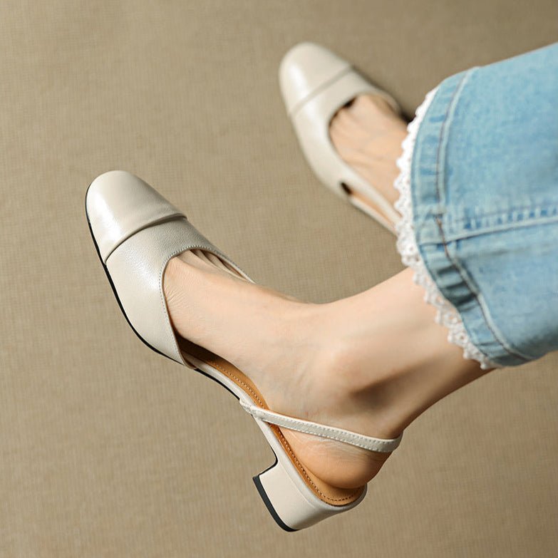 Women's Open-Back Smooth Leather Mid-Heel Court Shoes