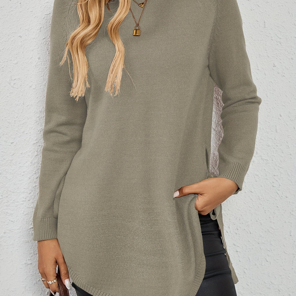 Women's Relaxed Longline Pullover Knit with Side Split Hem - Grey