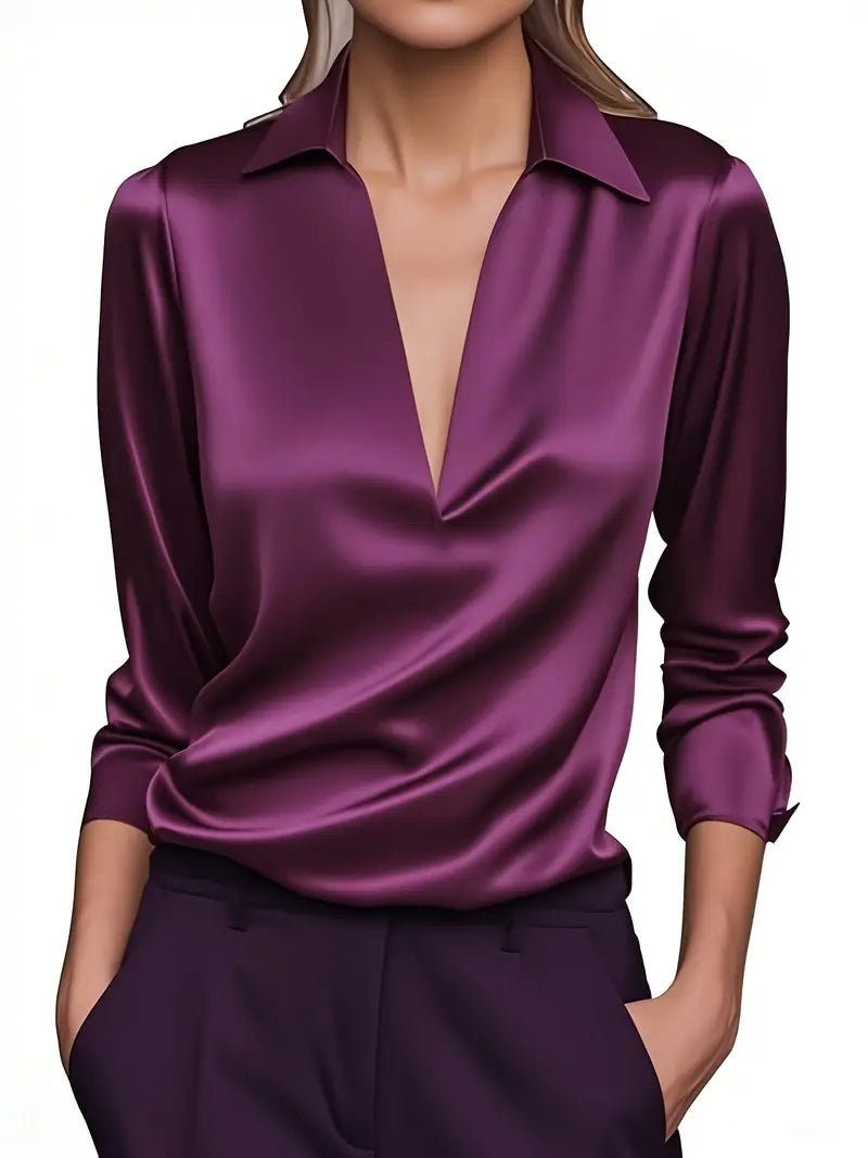 Women's Satin V-Neck Blouse Draped Collar Elegance