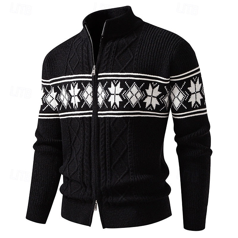 Women's Patterned Knit Zip-Through Cardigan with High Collar - Black