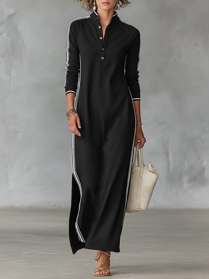 Women's Sporty Side Stripe Knit Maxi Dress - Black