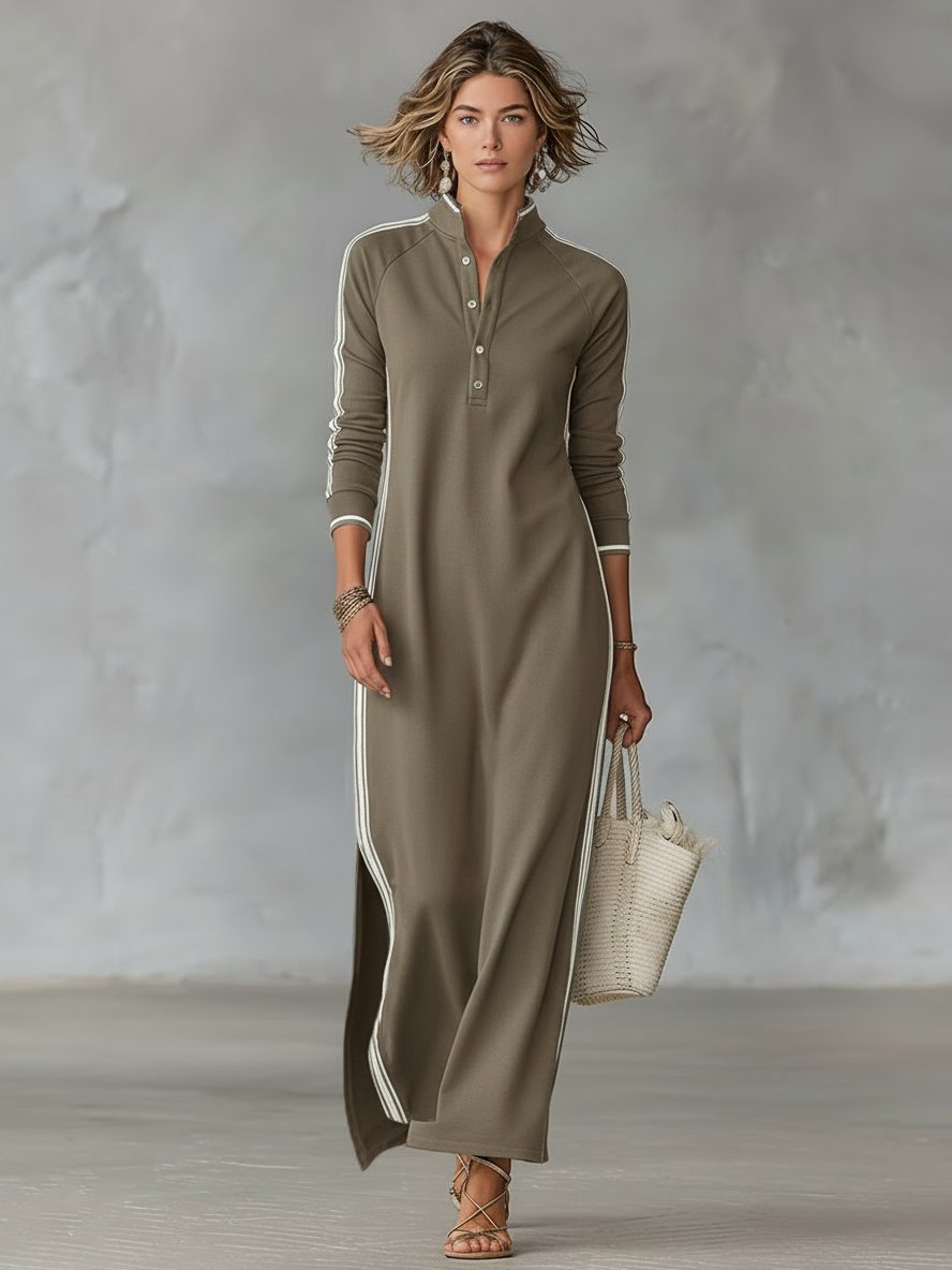 Women's Sporty Side Stripe Knit Maxi Dress - Khaki