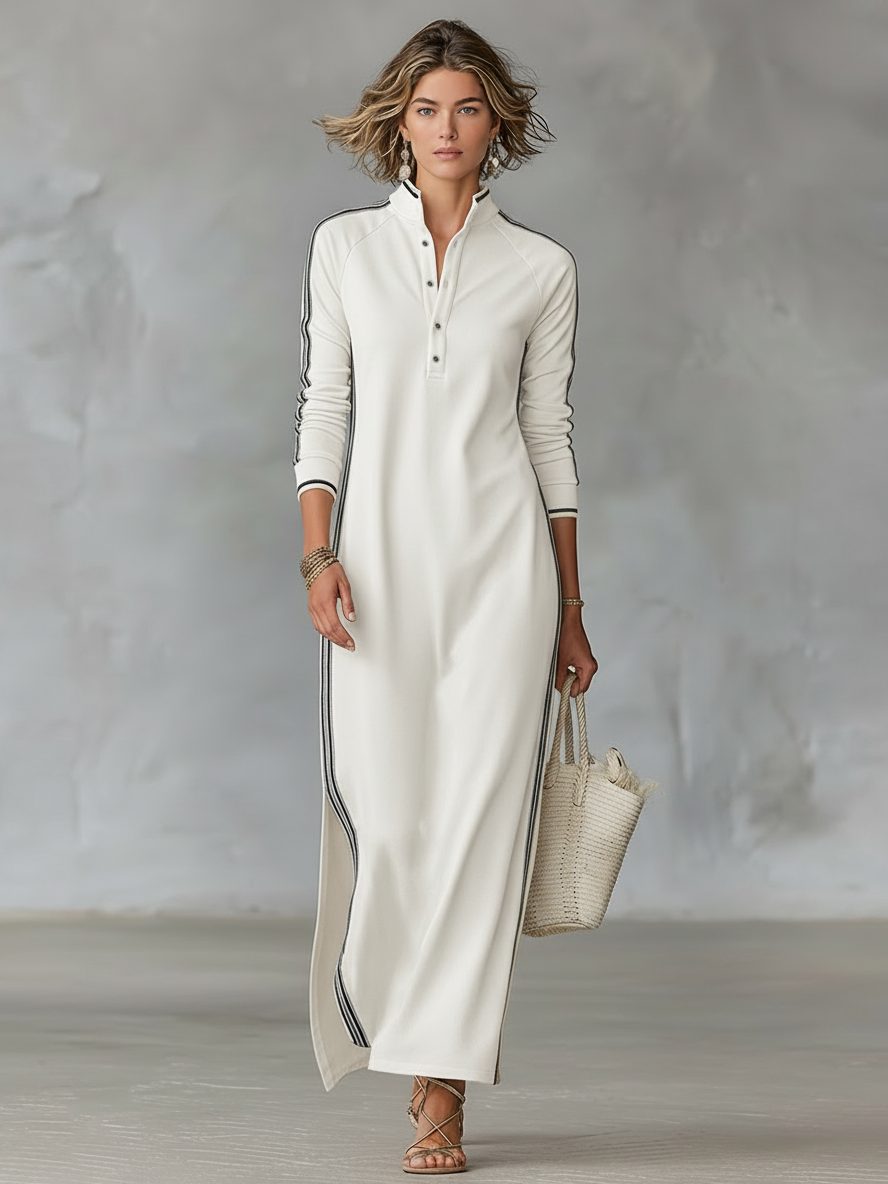 Women's Sporty Side Stripe Knit Maxi Dress - White