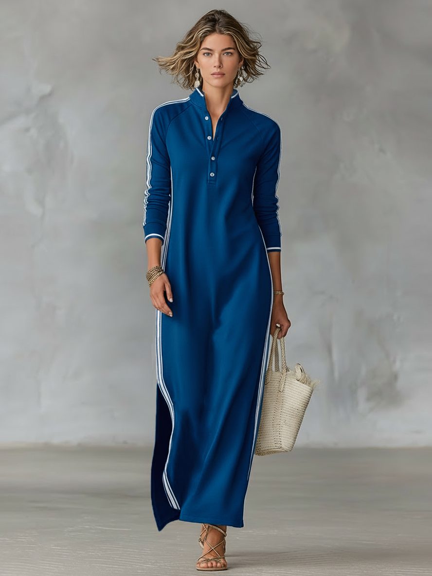 Women's Sporty Side Stripe Knit Maxi Dress - Royal Blue