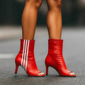 Women's Striped Peep Toe Mid Heel Ankle Boots – Wine Red