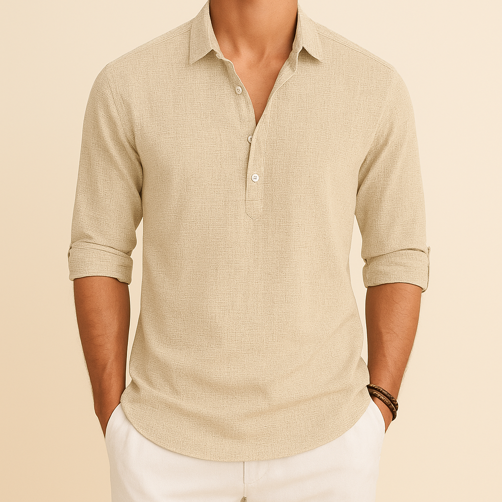 Men's Long Sleeve Polo Shirt Relaxed Fit Button Neck