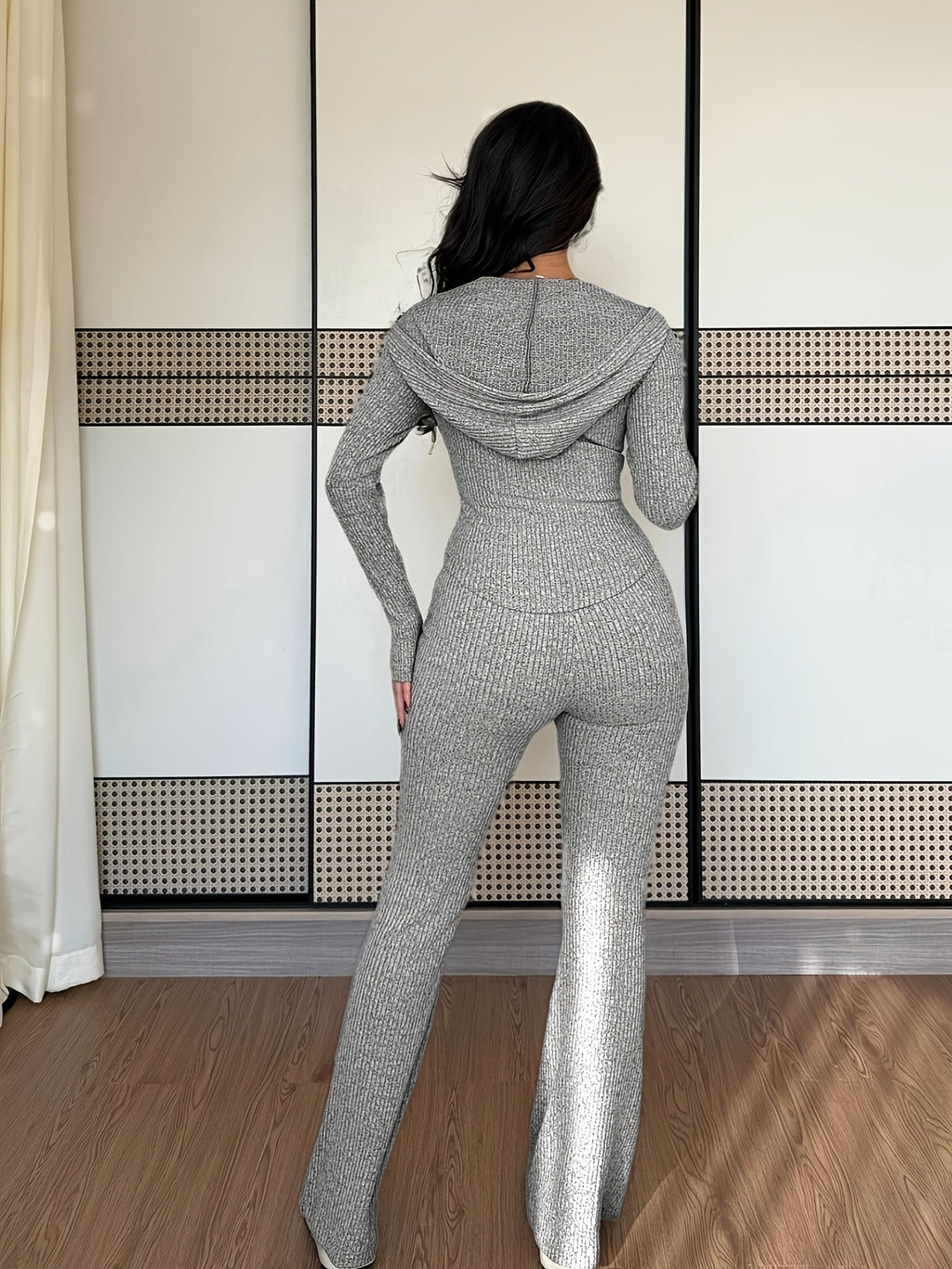 Women's Hooded Rib-Knit Jacket and Flare Trouser Two-Piece