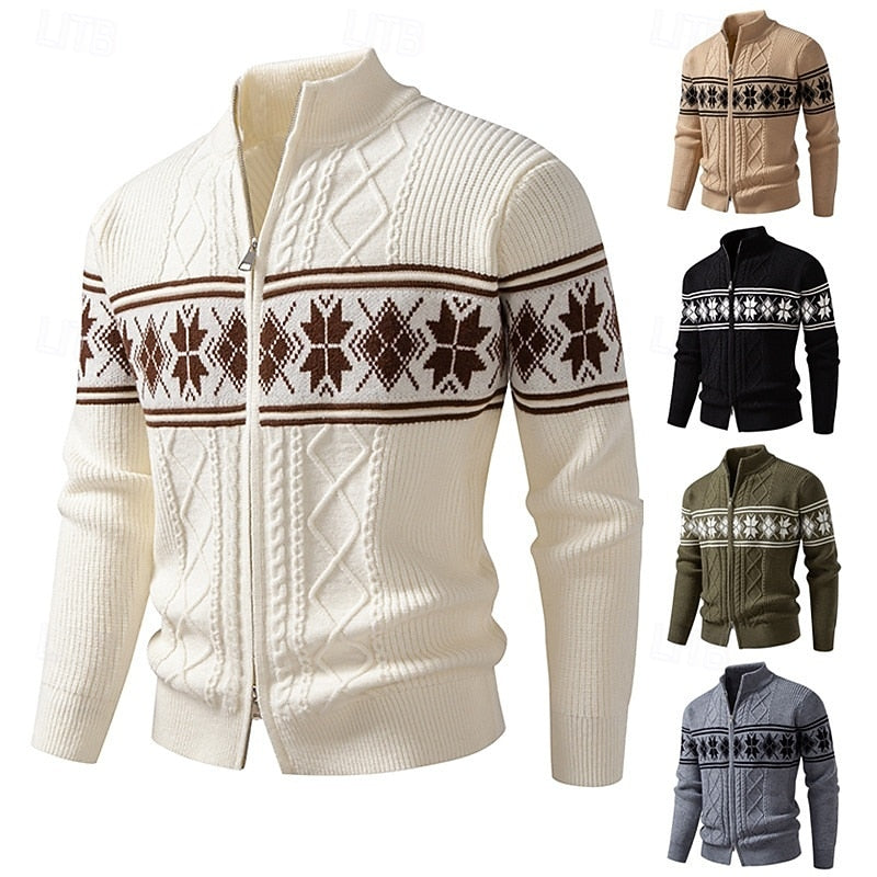 Women's Patterned Knit Zip-Through Cardigan with High Collar