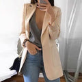 Women's Notched Lapel Longline Blazer in a Cotton Blend - Beige