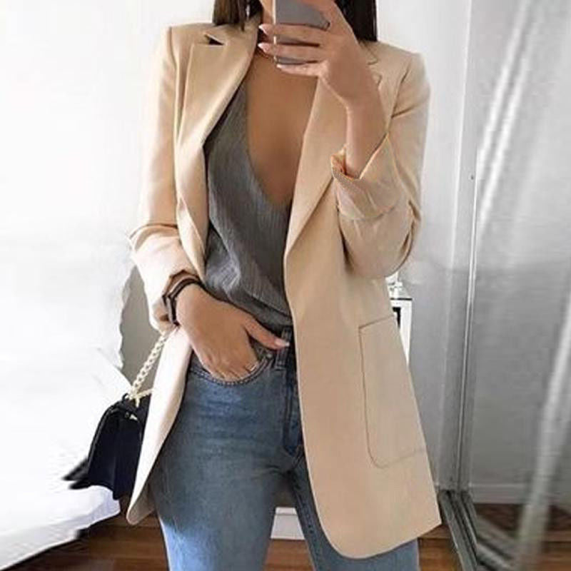 Women's Notched Lapel Longline Blazer in a Cotton Blend - Beige
