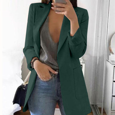 Women's Notched Lapel Longline Blazer in a Cotton Blend - Green