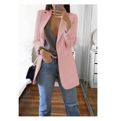 Women's Notched Lapel Longline Blazer in a Cotton Blend - Pink