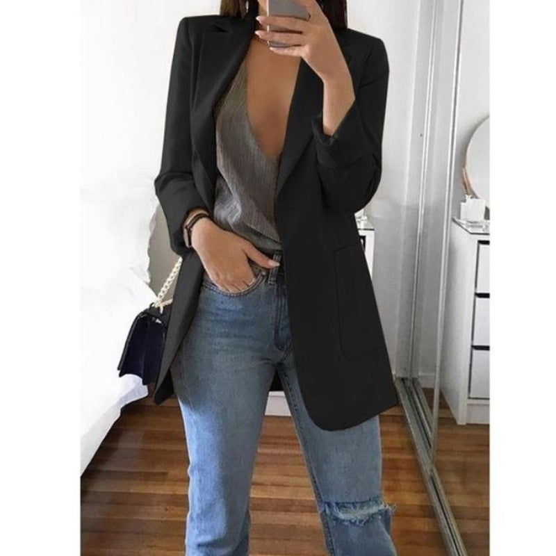 Women's Notched Lapel Longline Blazer in a Cotton Blend - Black