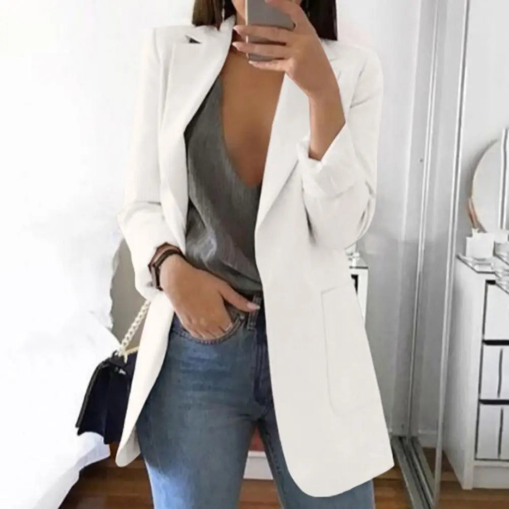 Women's Notched Lapel Longline Blazer in a Cotton Blend - White