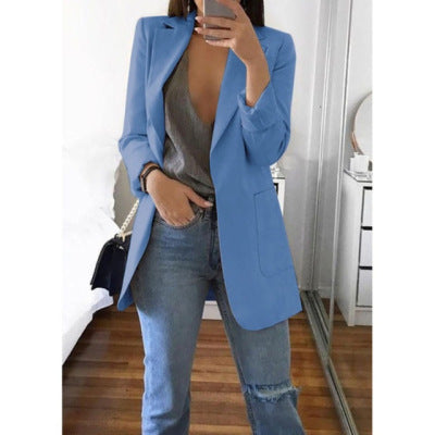 Women's Notched Lapel Longline Blazer in a Cotton Blend - Blue