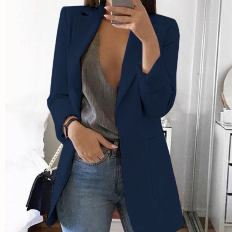 Women's Notched Lapel Longline Blazer in a Cotton Blend - Navy Blue